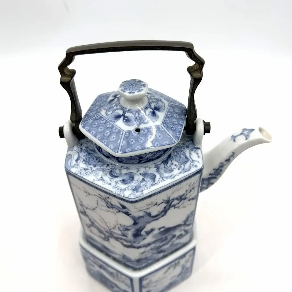 Vintage Dolphin Dynasty Blue Porcelain Hexagonal Teapot Warmer & Brass Handle